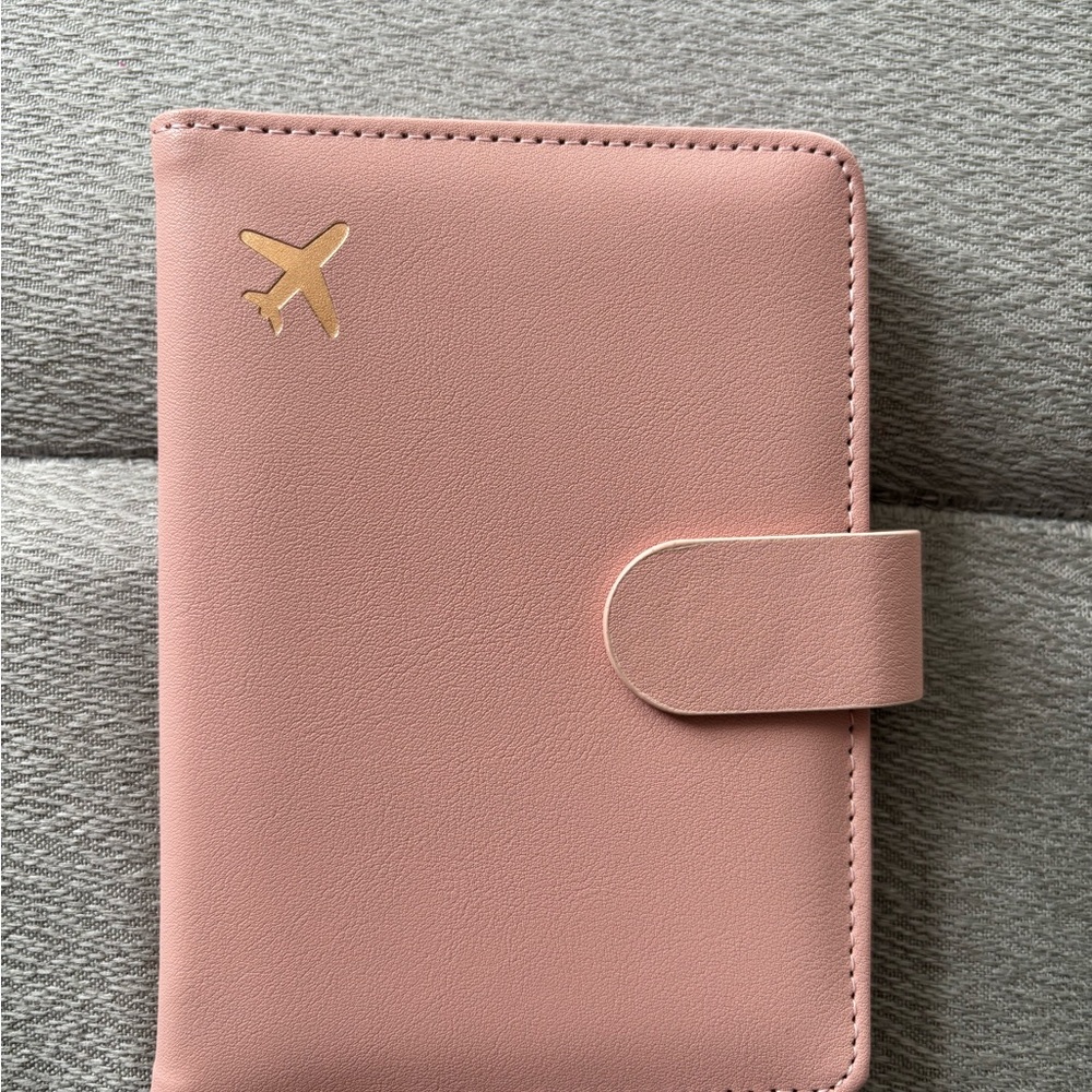 Pink Passport Holder with Gold Airplane Accent